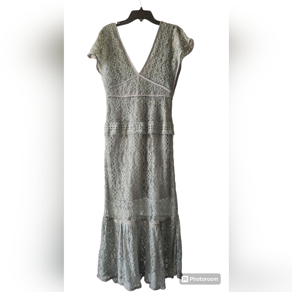 Beautiful Sage green plunging neckline mermaid lace dress.